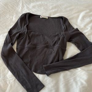 Long sleeve, scoop neck, faux corset, grey ribbed, long sleeve shirt